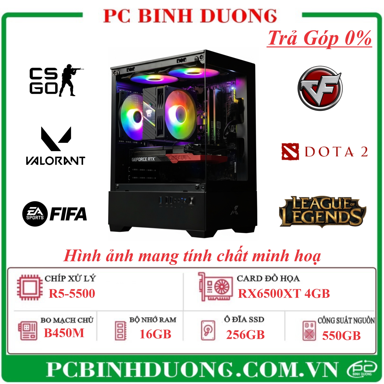 PC Gaming Akame B450M/R5-5500/8GB/256GB/RX6500XT-4GB/550W